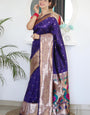 Adoring Navy Blue Paithani Silk Saree With Desultory Blouse Piece