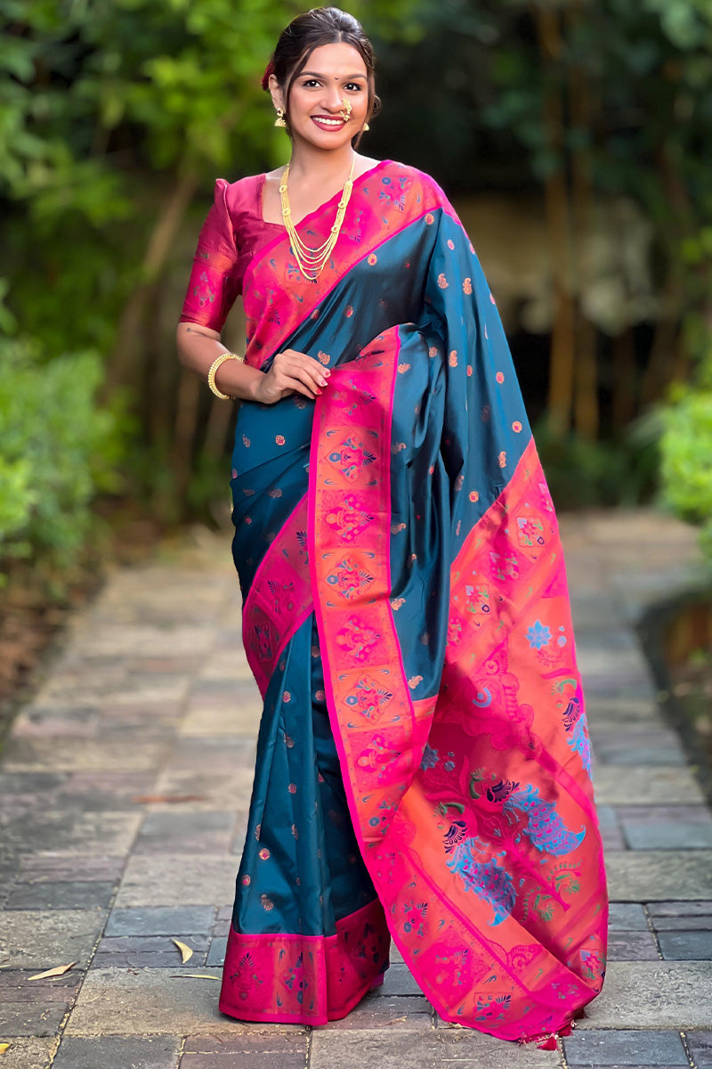 A dreamy Teal Blue Paithani Silk Saree With Demesne Blouse Piece