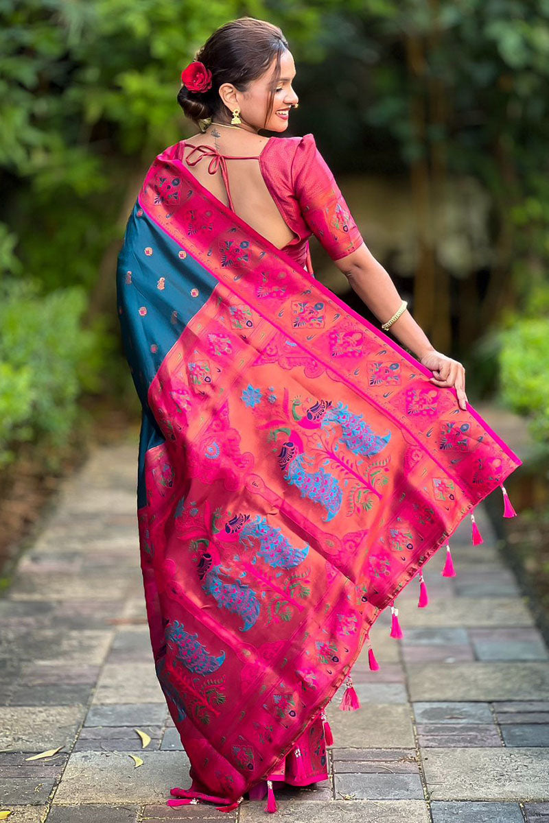 A dreamy Teal Blue Paithani Silk Saree With Demesne Blouse Piece