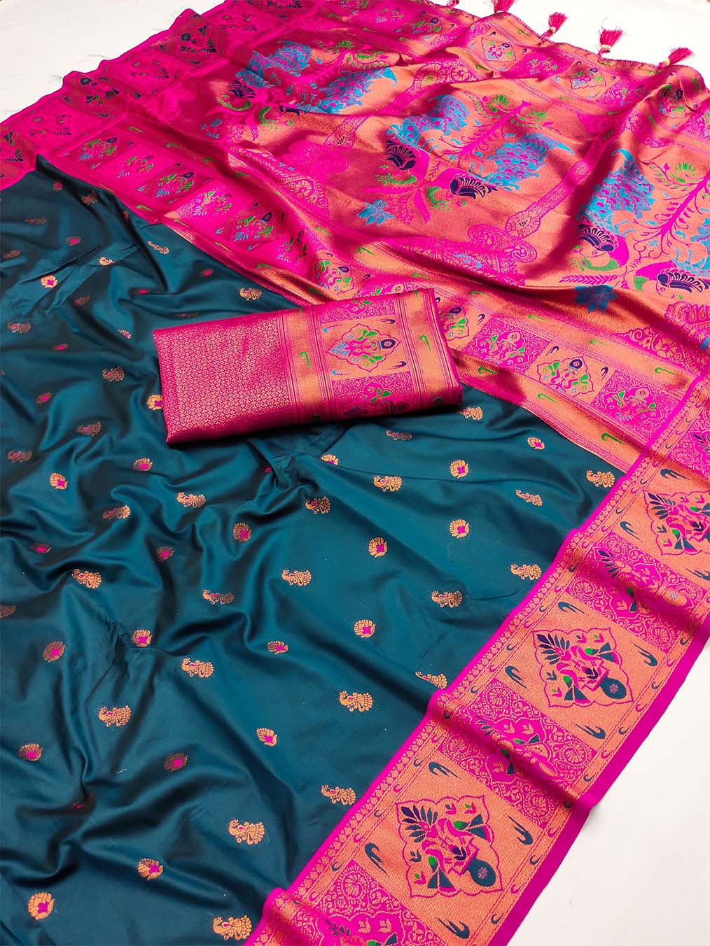 A dreamy Teal Blue Paithani Silk Saree With Demesne Blouse Piece