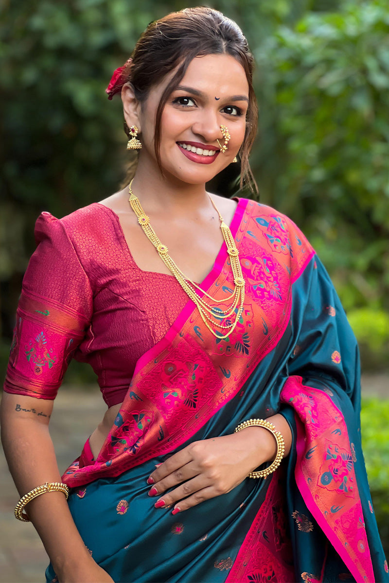 A dreamy Teal Blue Paithani Silk Saree With Demesne Blouse Piece