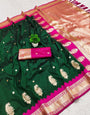 Pleasurable Dark Green Pure Zari Weaving Banarasi Silk Saree With Beguiling Blouse Piece
