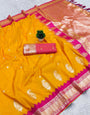 Unique Yellow Pure Zari Weaving Banarasi Silk Saree With Designer Blouse Piece