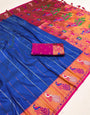 An insanely Royal Blue Paithani Silk Saree With Bucolic Blouse Piece