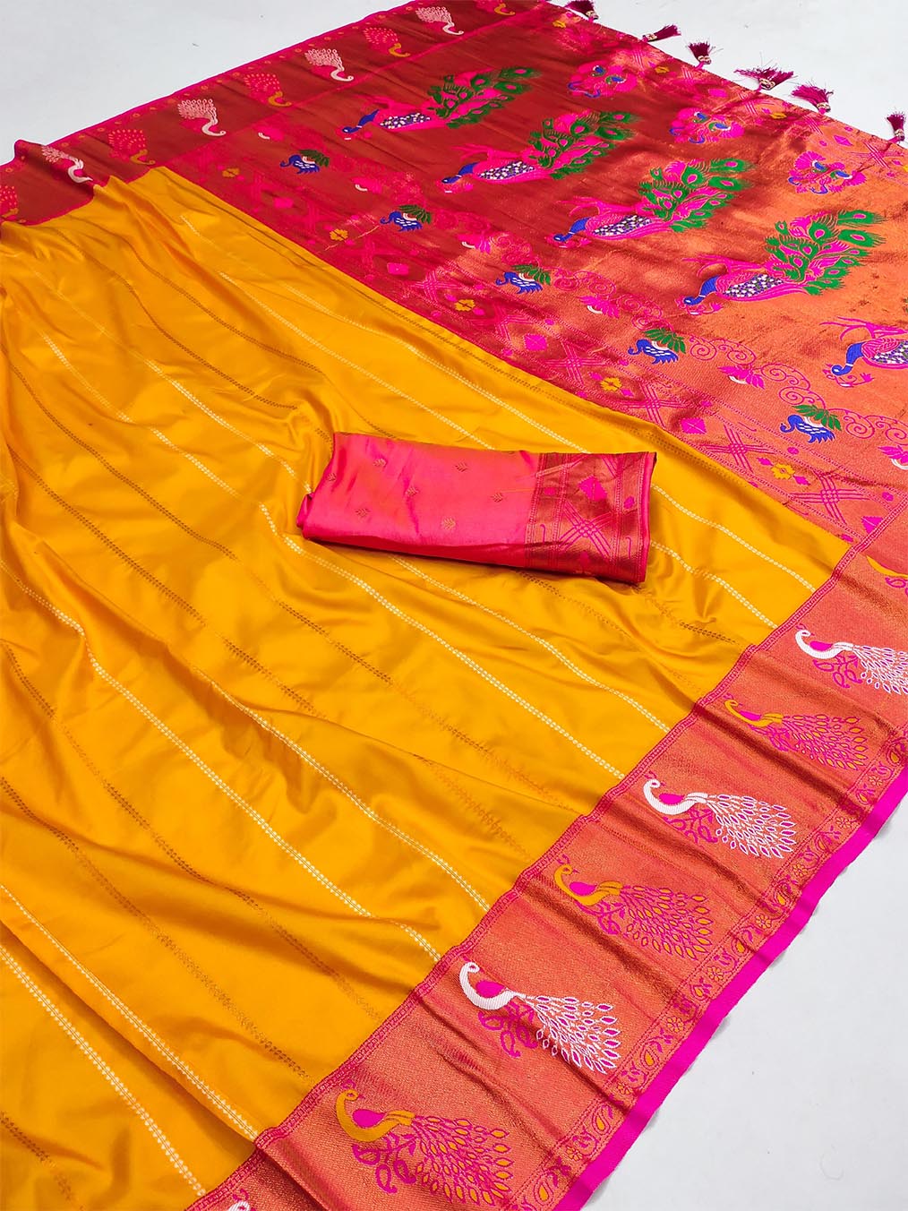 Fairytale Yellow Paithani Silk Saree With Mesmeric Blouse Piece