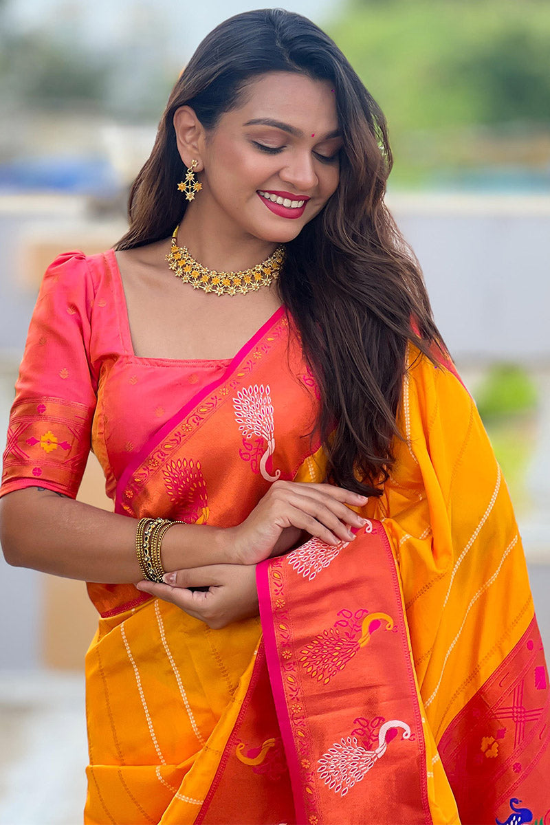 Fairytale Yellow Paithani Silk Saree With Mesmeric Blouse Piece