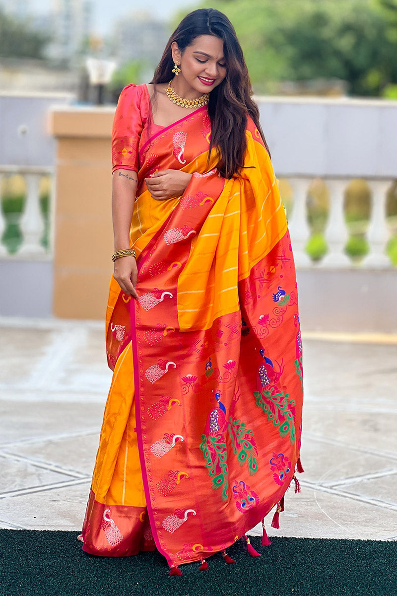 Fairytale Yellow Paithani Silk Saree With Mesmeric Blouse Piece