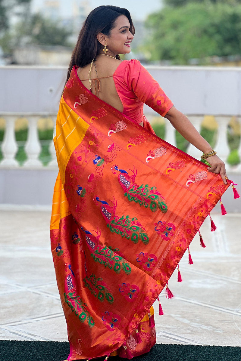 Fairytale Yellow Paithani Silk Saree With Mesmeric Blouse Piece