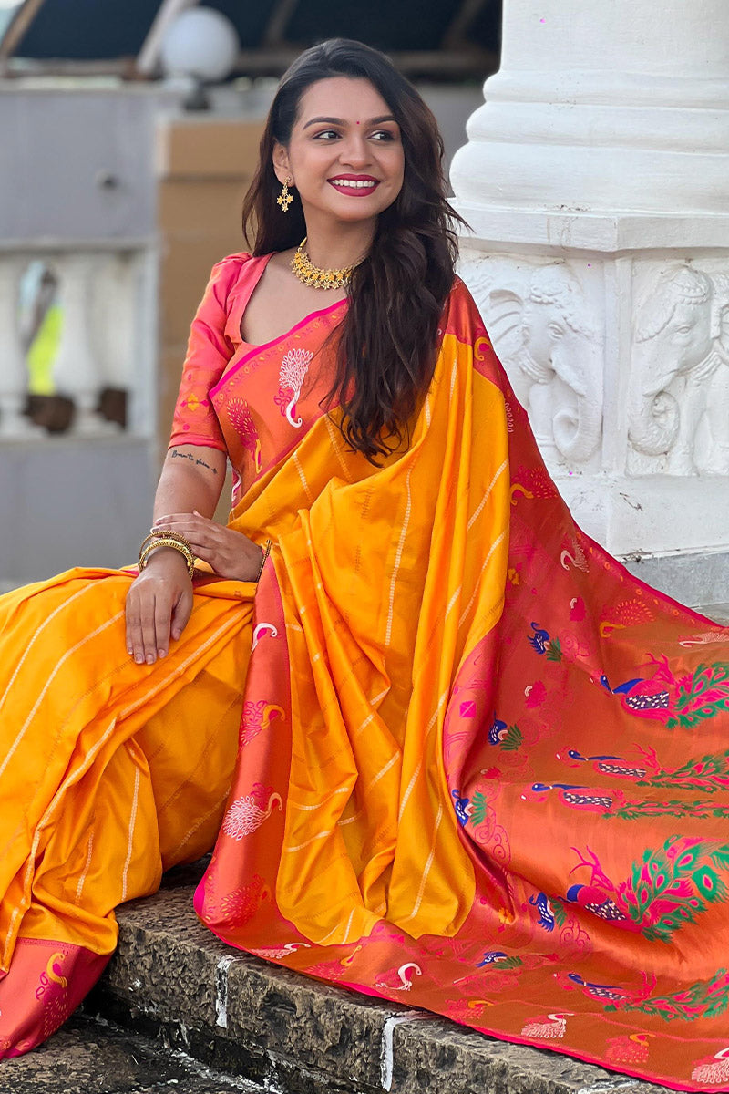 Fairytale Yellow Paithani Silk Saree With Mesmeric Blouse Piece