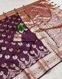 Embellished Wine Soft Banarasi Silk Saree With Ephemeral Blouse Piece