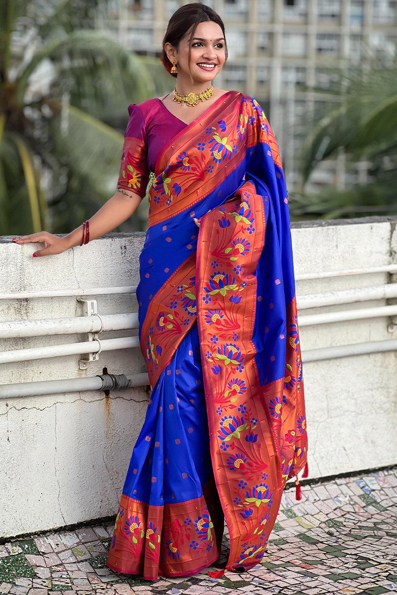 Most Stunning Royal Blue Paithani Silk Saree With Enticing Blouse Piece