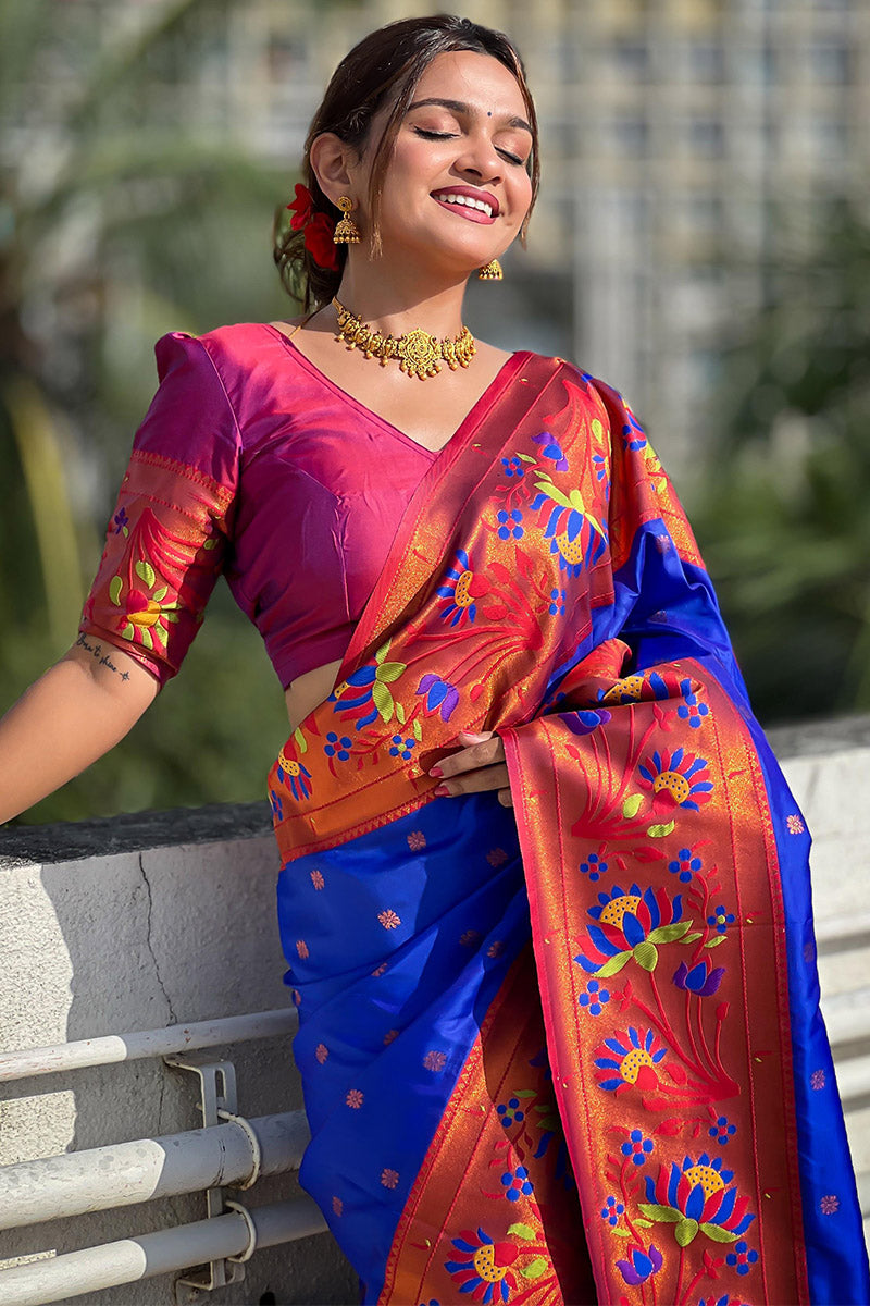 Most Stunning Royal Blue Paithani Silk Saree With Enticing Blouse Piece