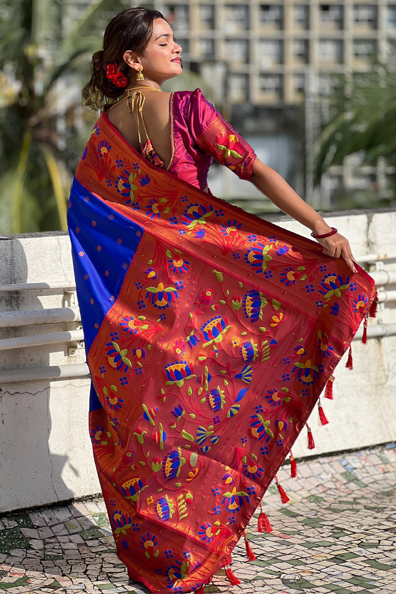 Most Stunning Royal Blue Paithani Silk Saree With Enticing Blouse Piece