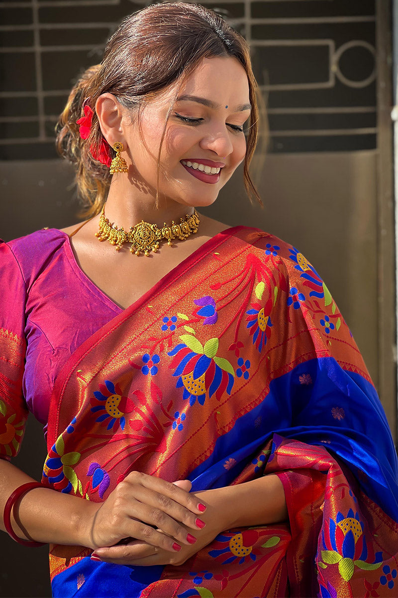 Most Stunning Royal Blue Paithani Silk Saree With Enticing Blouse Piece