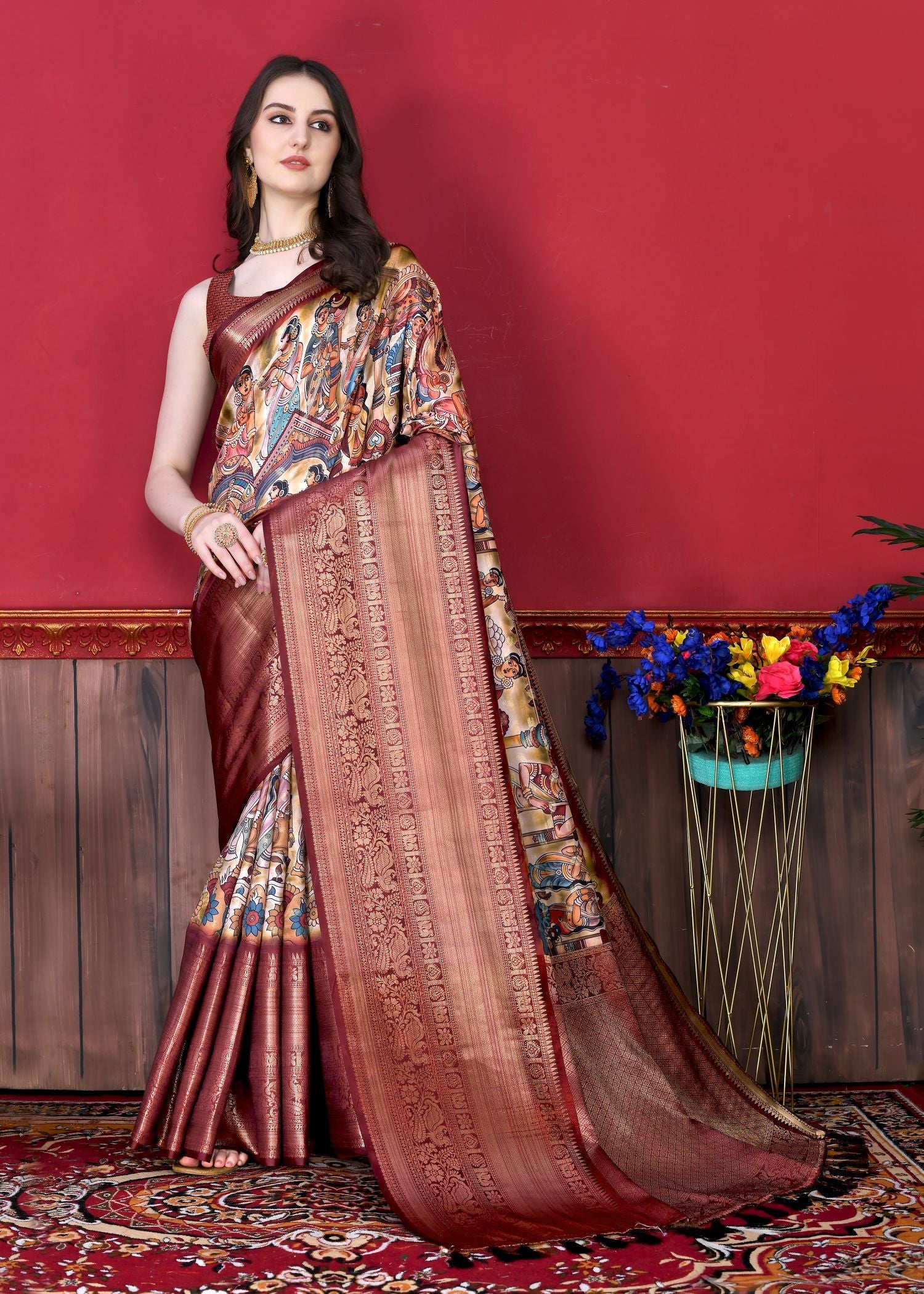 Mesmerising Beige Kalamkari Printed Saree With Pretty Blouse Piece