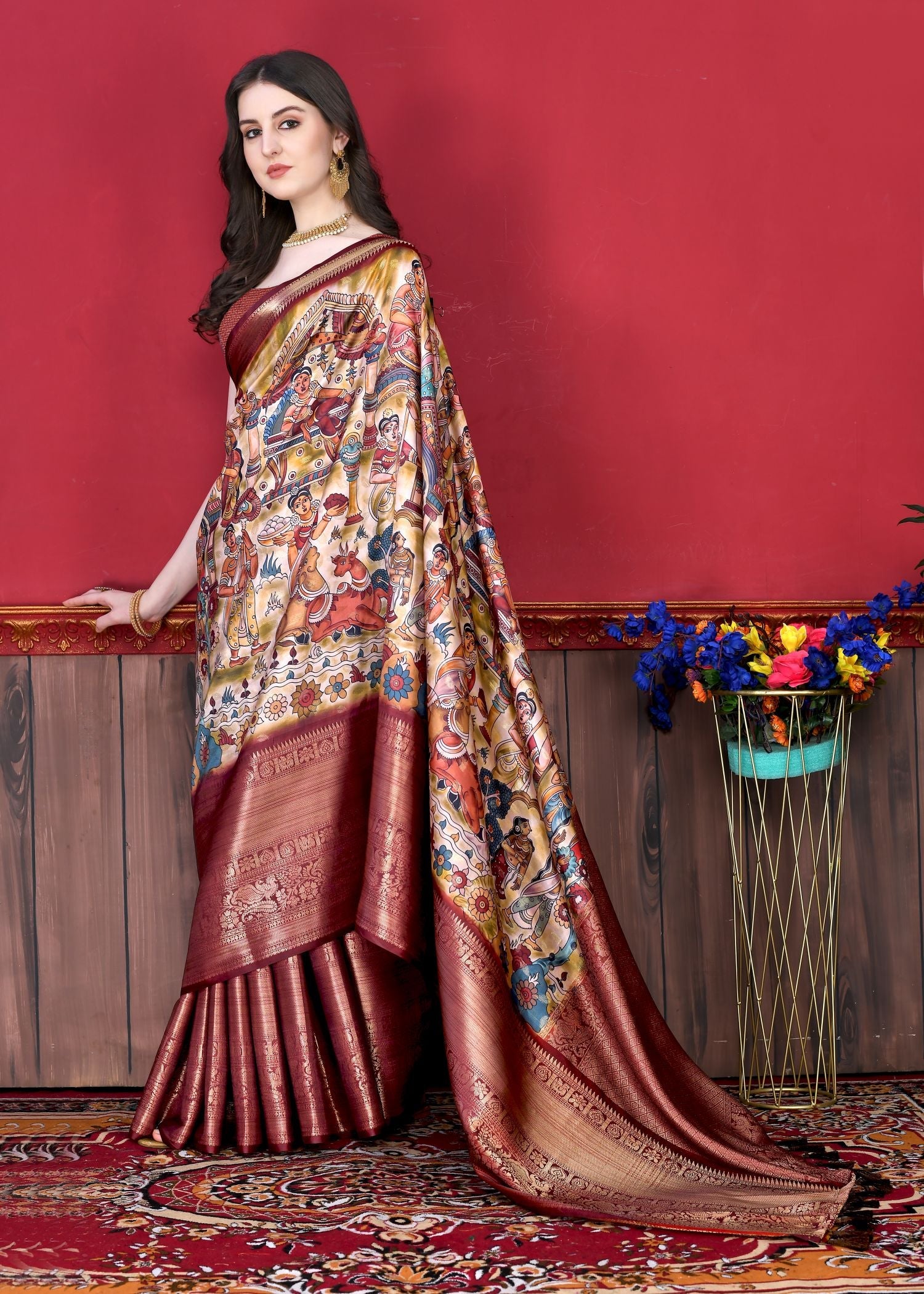 Mesmerising Beige Kalamkari Printed Saree With Pretty Blouse Piece