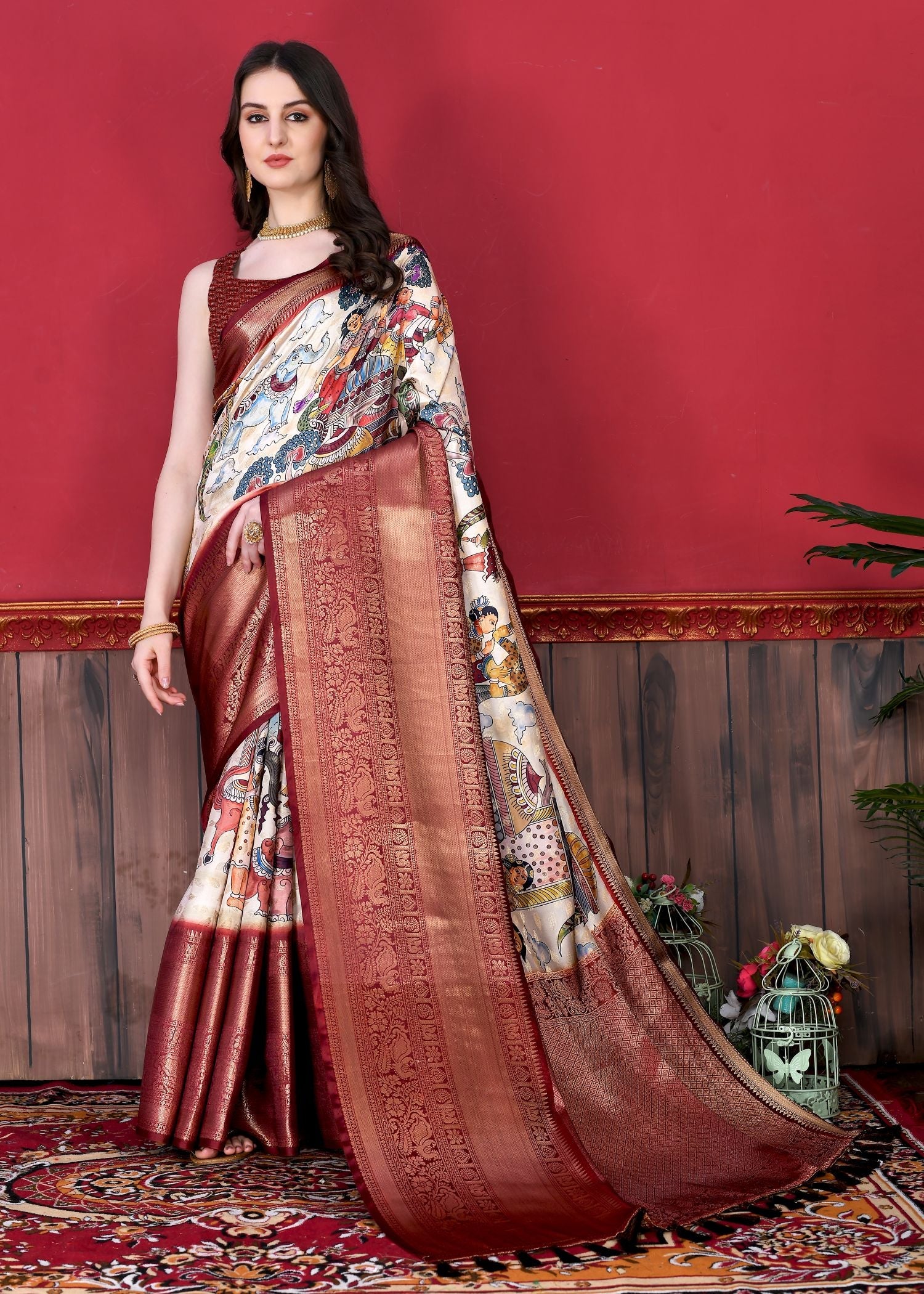 Precious Off White Kalamkari Printed Saree With Invaluable Blouse Piece