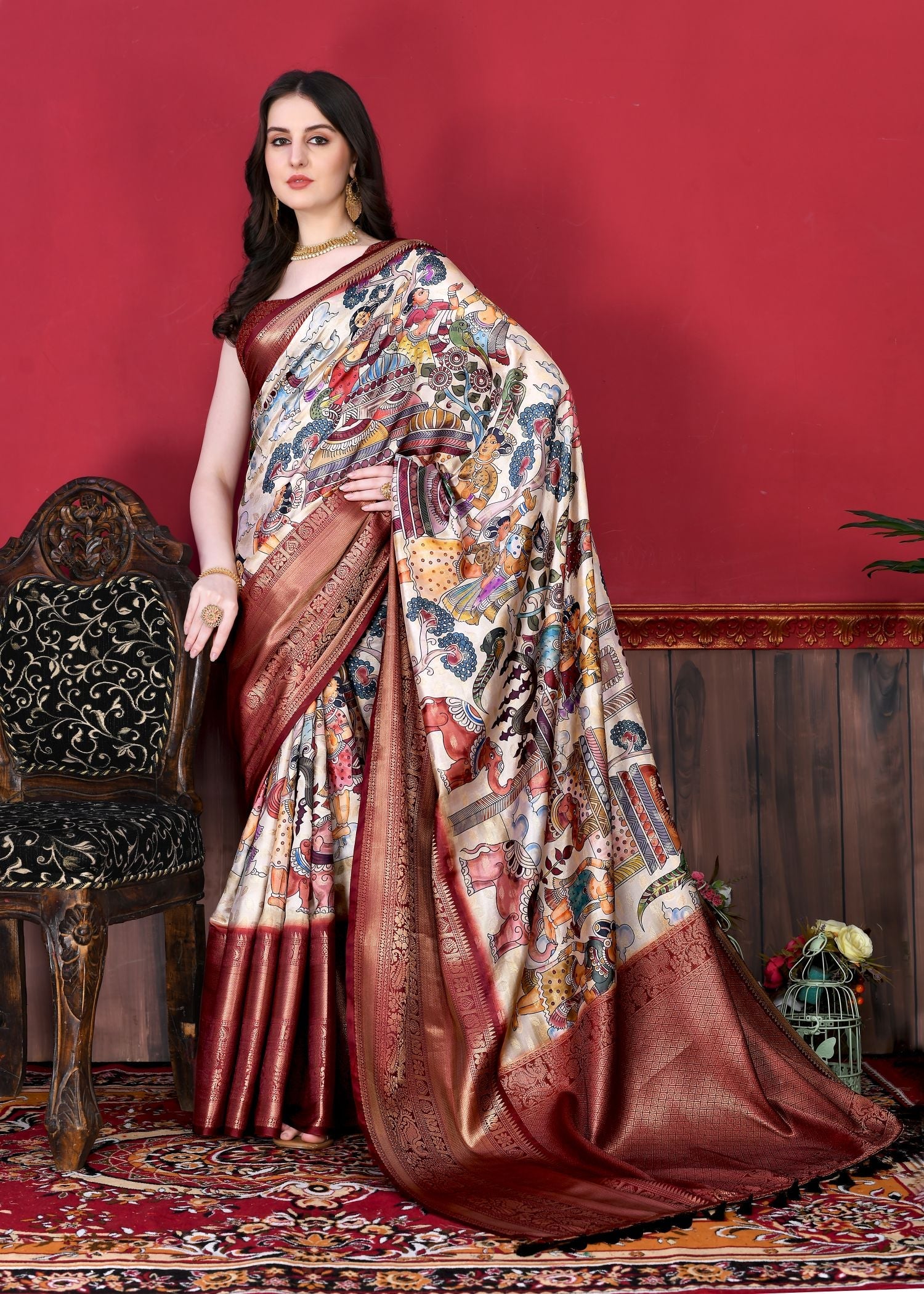 Precious Off White Kalamkari Printed Saree With Invaluable Blouse Piece