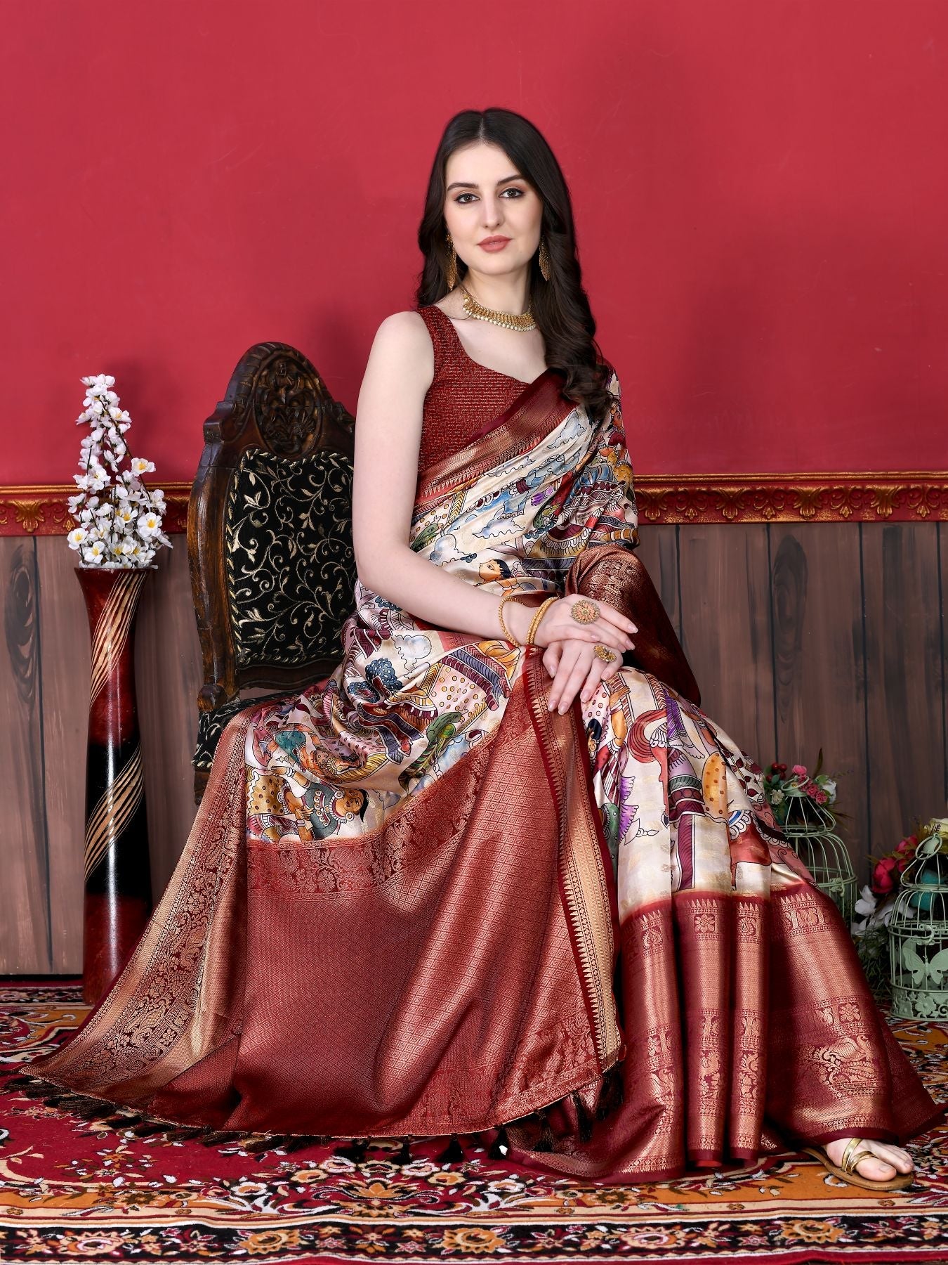 Precious Off White Kalamkari Printed Saree With Invaluable Blouse Piece