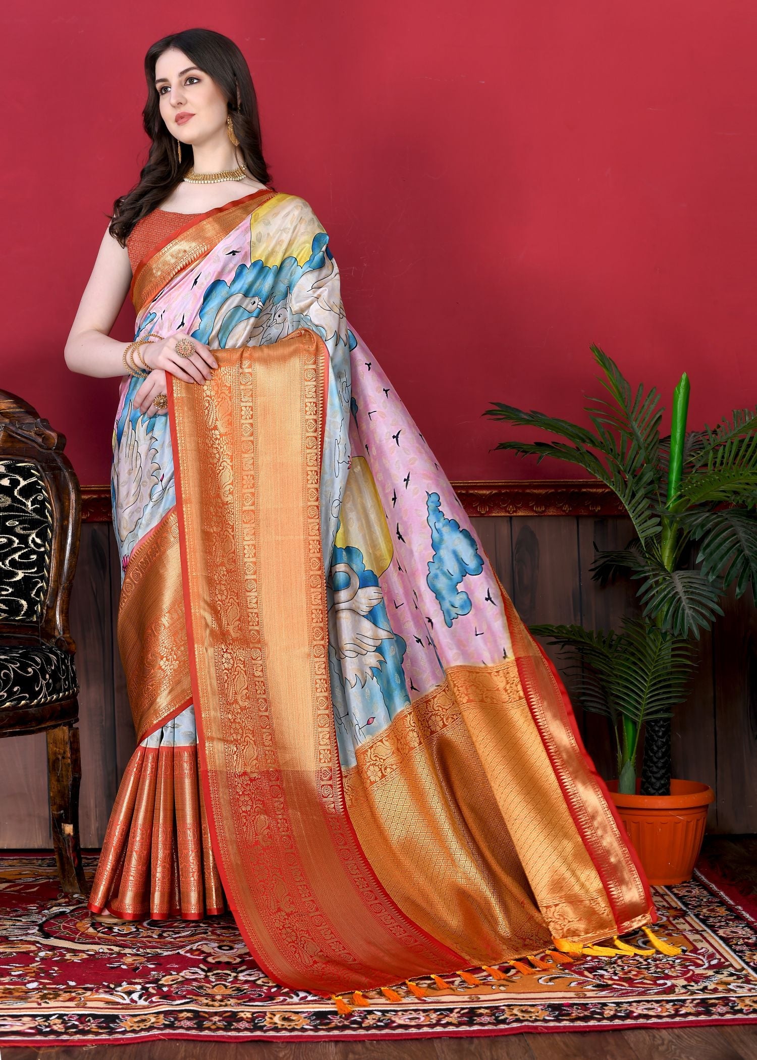 Wonderful Pink Kalamkari Printed Saree With Amazing Blouse Piece