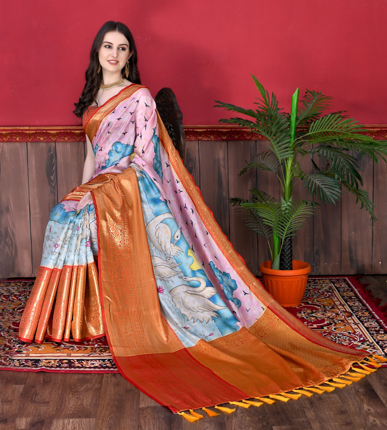 Wonderful Pink Kalamkari Printed Saree With Amazing Blouse Piece