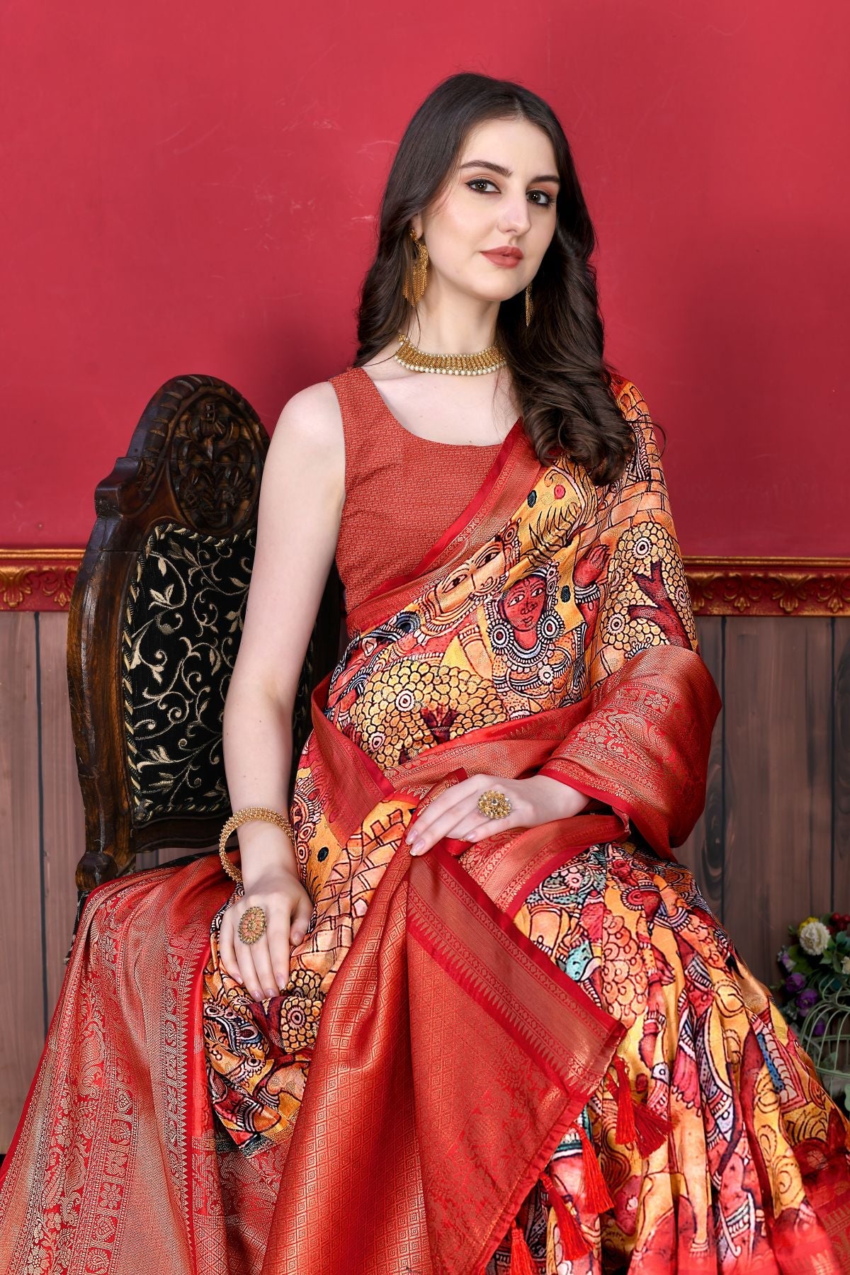 Alluring Yellow Kalamkari Printed Saree With Flattering Blouse Piece