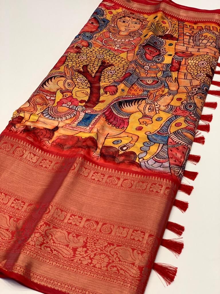 Alluring Yellow Kalamkari Printed Saree With Flattering Blouse Piece