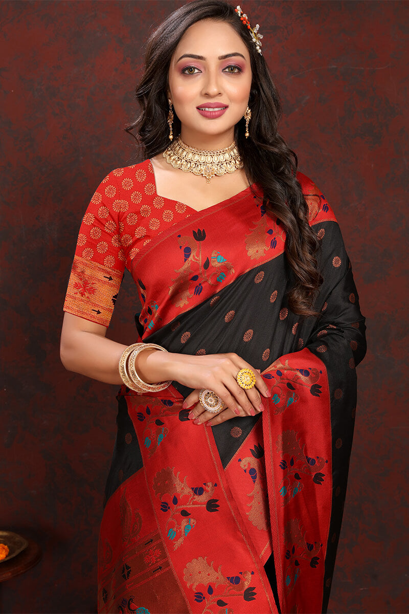 An insanely Black Paithani Silk Saree With Blissful Blouse Piece