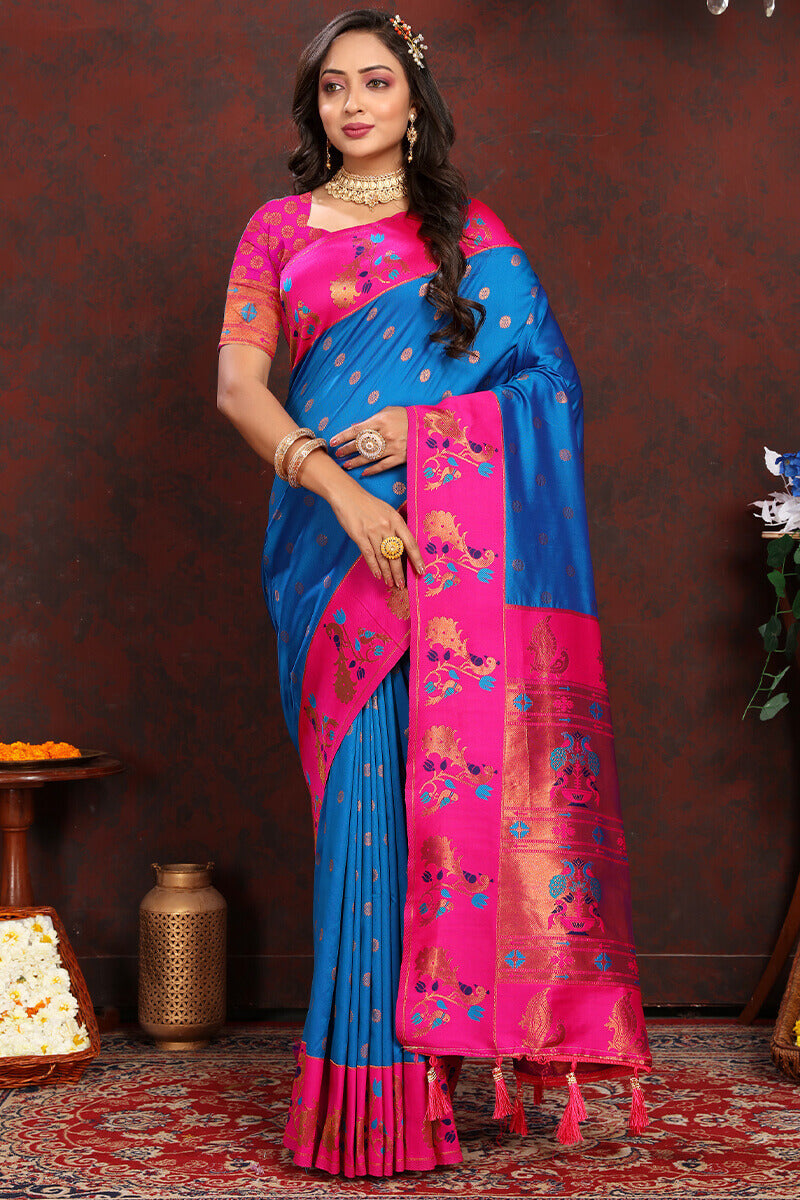 Most Flattering Blue Paithani Silk Saree With Prominent Blouse Piece