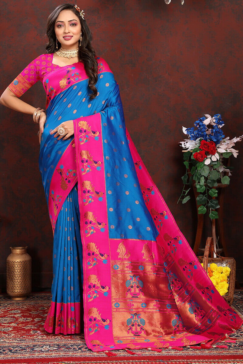 Most Flattering Blue Paithani Silk Saree With Prominent Blouse Piece