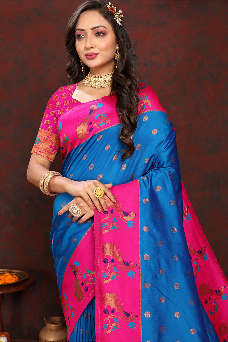 Most Flattering Blue Paithani Silk Saree With Prominent Blouse Piece