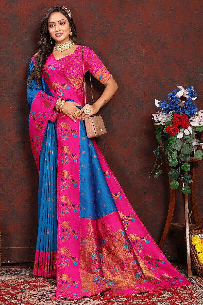 Most Flattering Blue Paithani Silk Saree With Prominent Blouse Piece