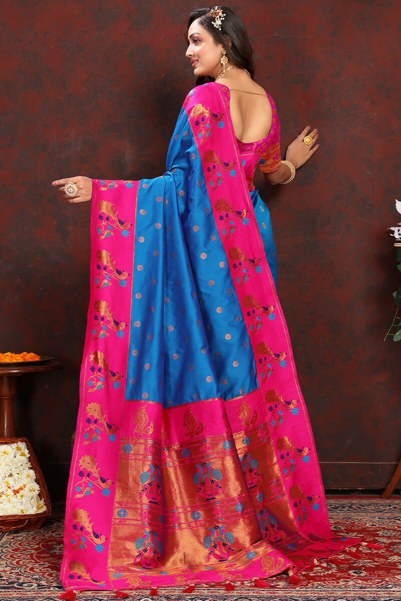 Most Flattering Blue Paithani Silk Saree With Prominent Blouse Piece