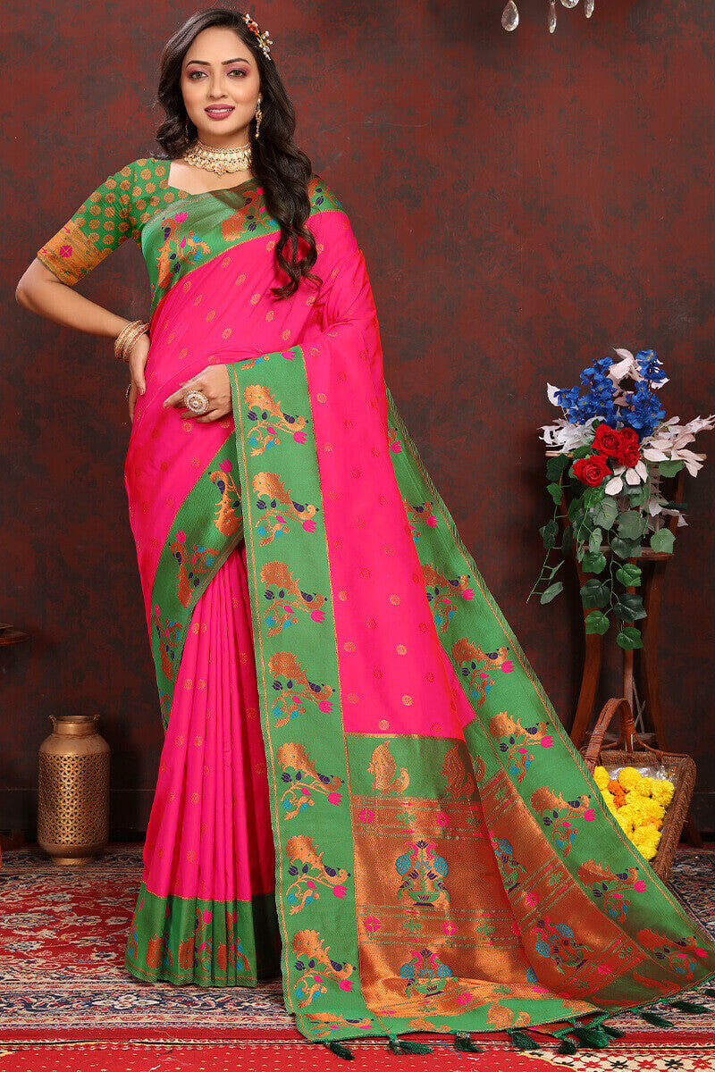 Entrancing Dark Pink Paithani Silk Saree With Beleaguer Blouse Piece