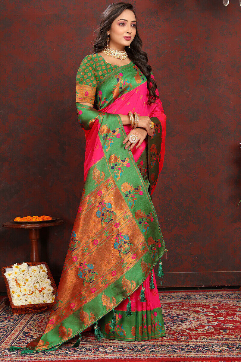 Entrancing Dark Pink Paithani Silk Saree With Beleaguer Blouse Piece