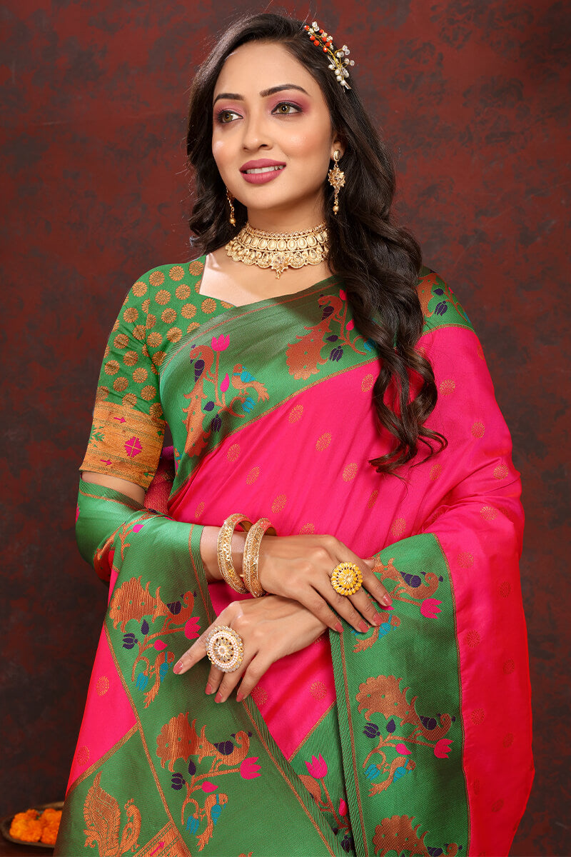 Entrancing Dark Pink Paithani Silk Saree With Beleaguer Blouse Piece