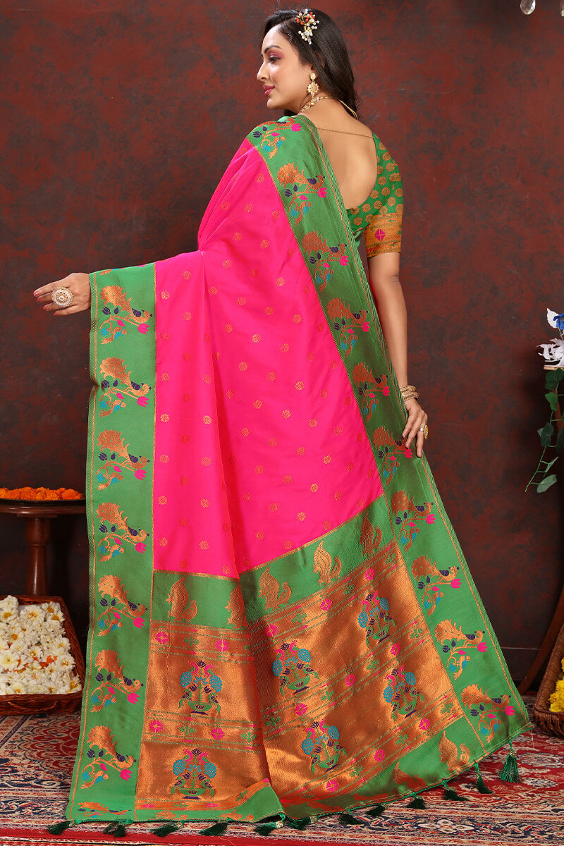 Entrancing Dark Pink Paithani Silk Saree With Beleaguer Blouse Piece