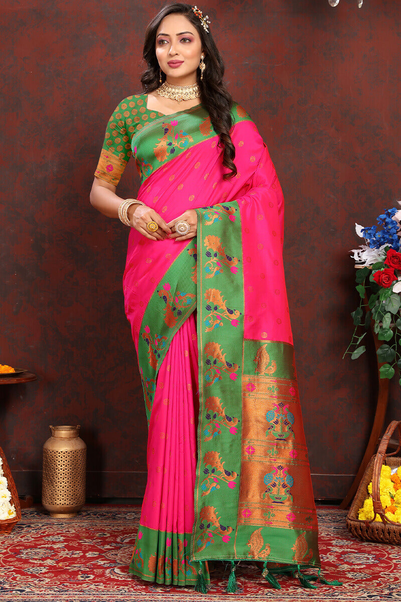 Entrancing Dark Pink Paithani Silk Saree With Beleaguer Blouse Piece