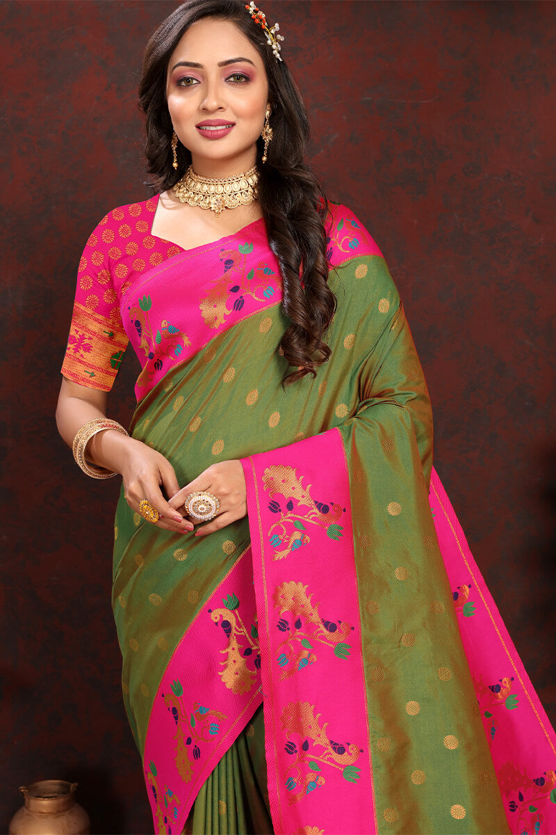 Entrancing Green Paithani Silk Saree With Majesty Blouse Piece