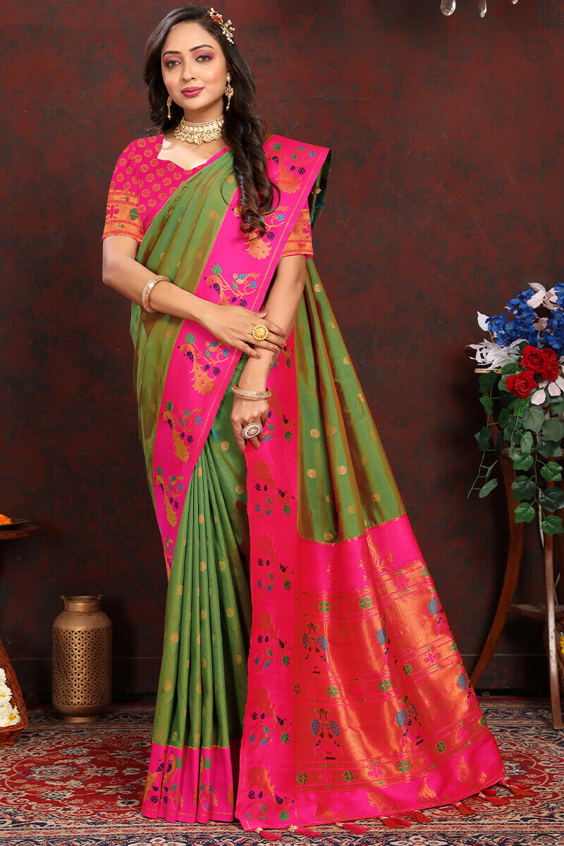 Entrancing Green Paithani Silk Saree With Majesty Blouse Piece