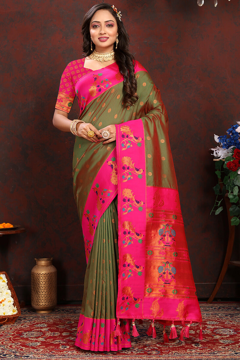 Inspiring Mehndi Paithani Silk Saree With Exceptional Blouse Piece