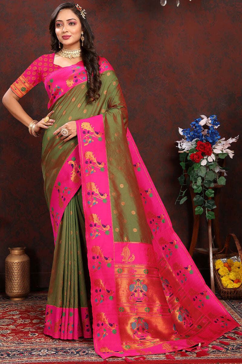 Inspiring Mehndi Paithani Silk Saree With Exceptional Blouse Piece