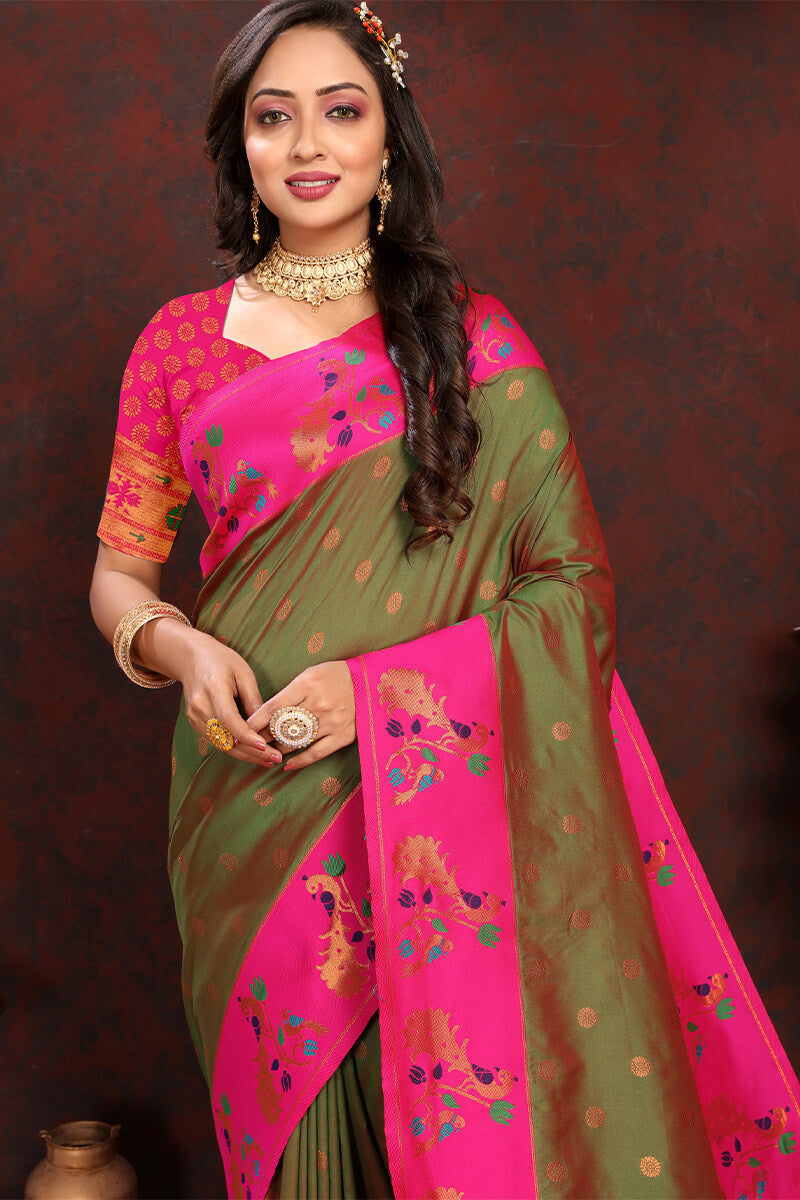 Inspiring Mehndi Paithani Silk Saree With Exceptional Blouse Piece