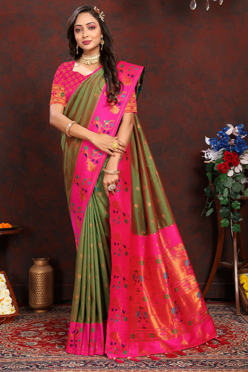 Inspiring Mehndi Paithani Silk Saree With Exceptional Blouse Piece