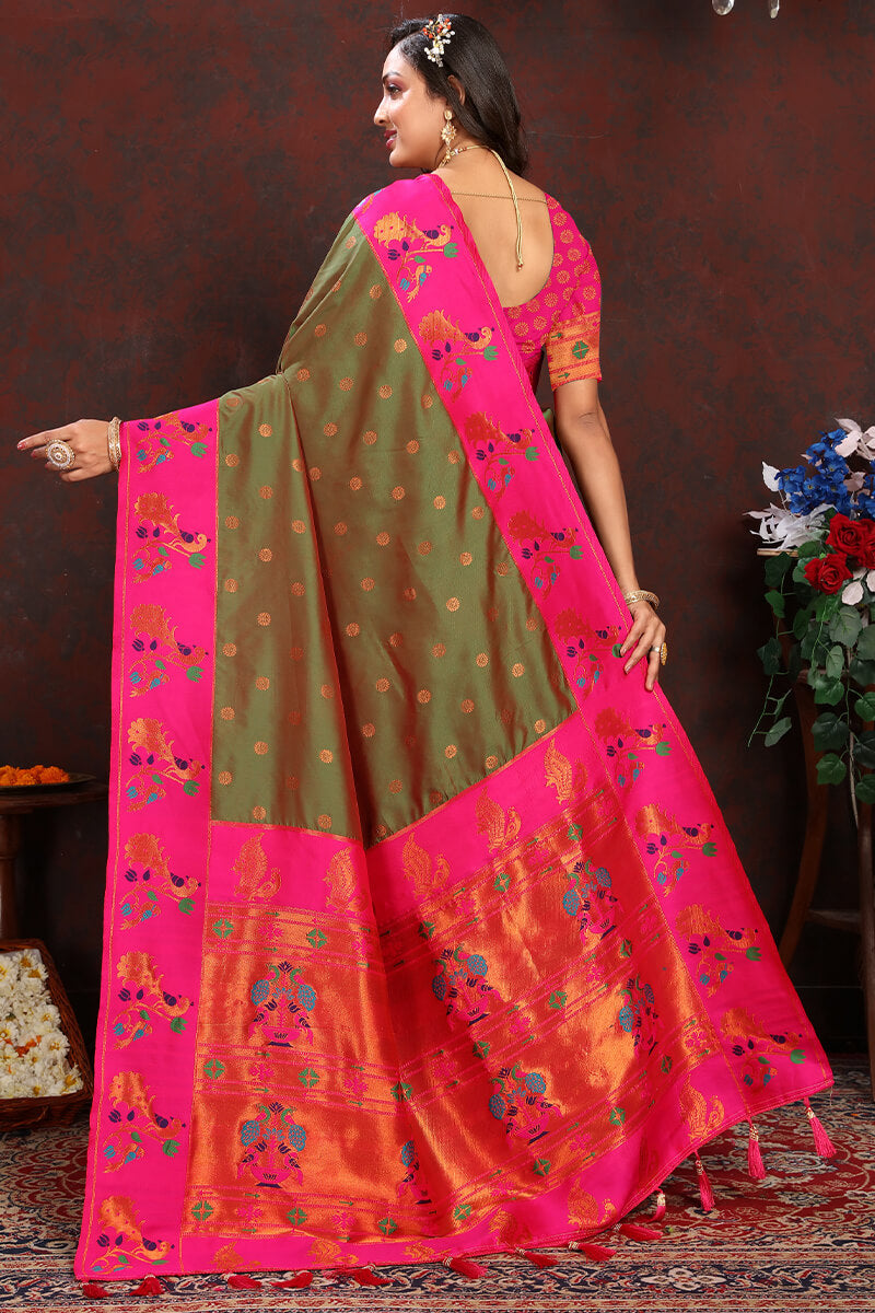 Inspiring Mehndi Paithani Silk Saree With Exceptional Blouse Piece