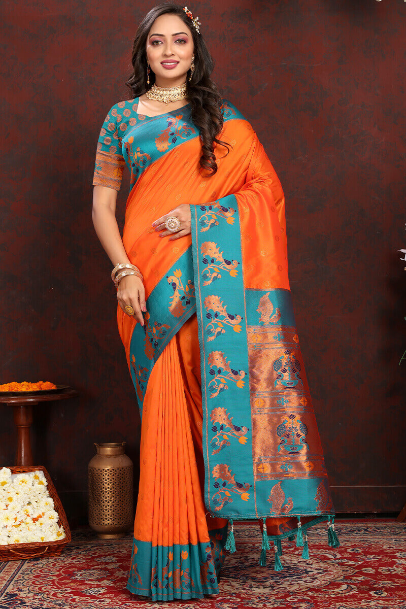 Twirling Orange Paithani Silk Saree With Groovy Blouse Piece