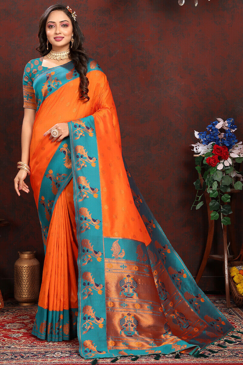 Twirling Orange Paithani Silk Saree With Groovy Blouse Piece