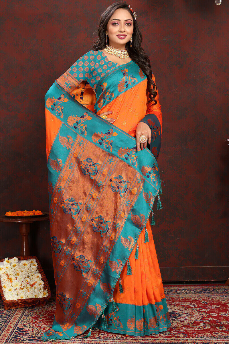 Twirling Orange Paithani Silk Saree With Groovy Blouse Piece