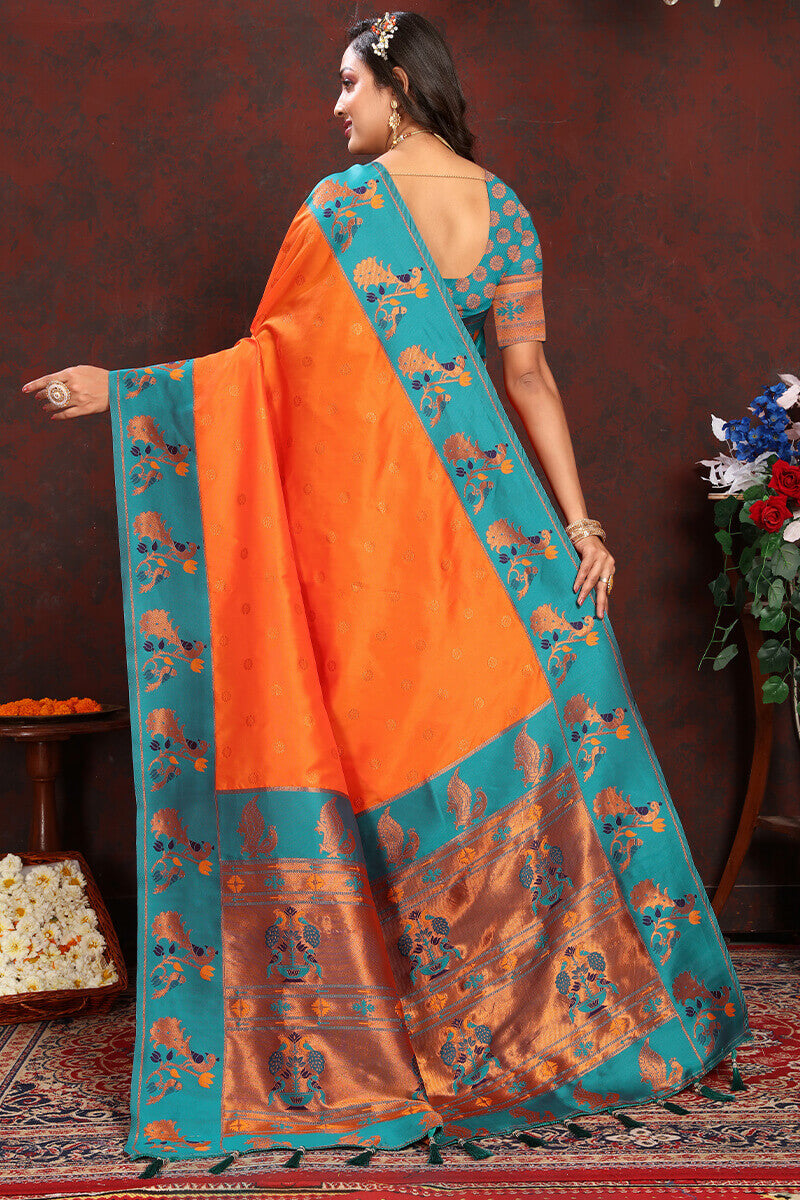 Twirling Orange Paithani Silk Saree With Groovy Blouse Piece