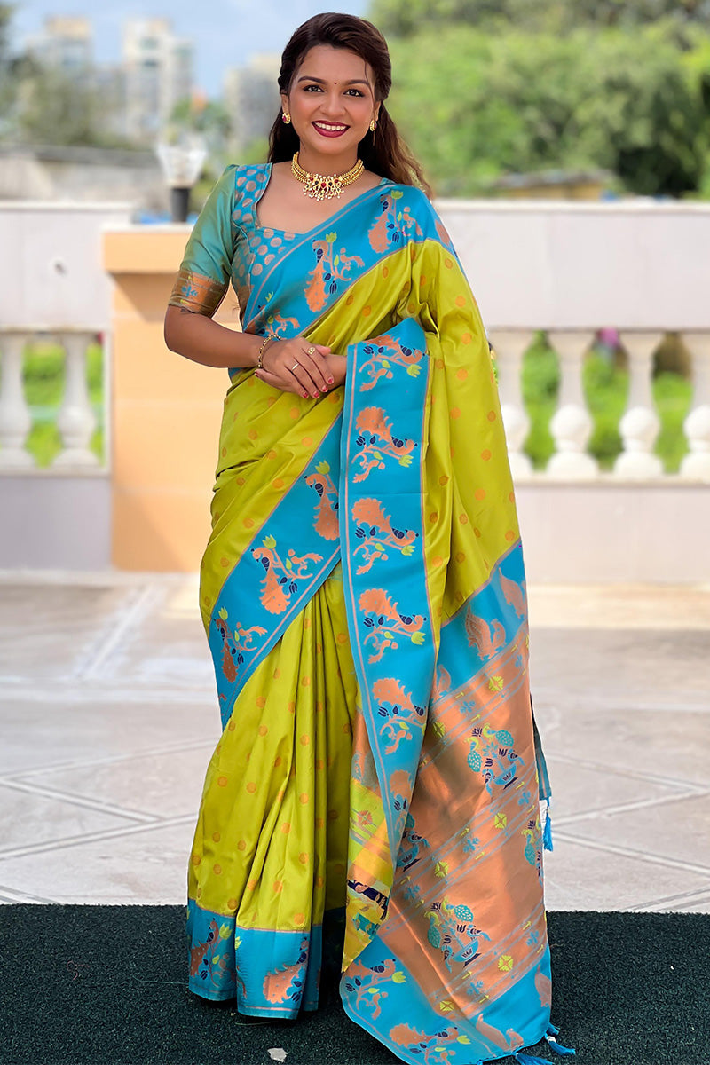 Glorious Parrot Paithani Silk Saree With Hypnotic Blouse Piece